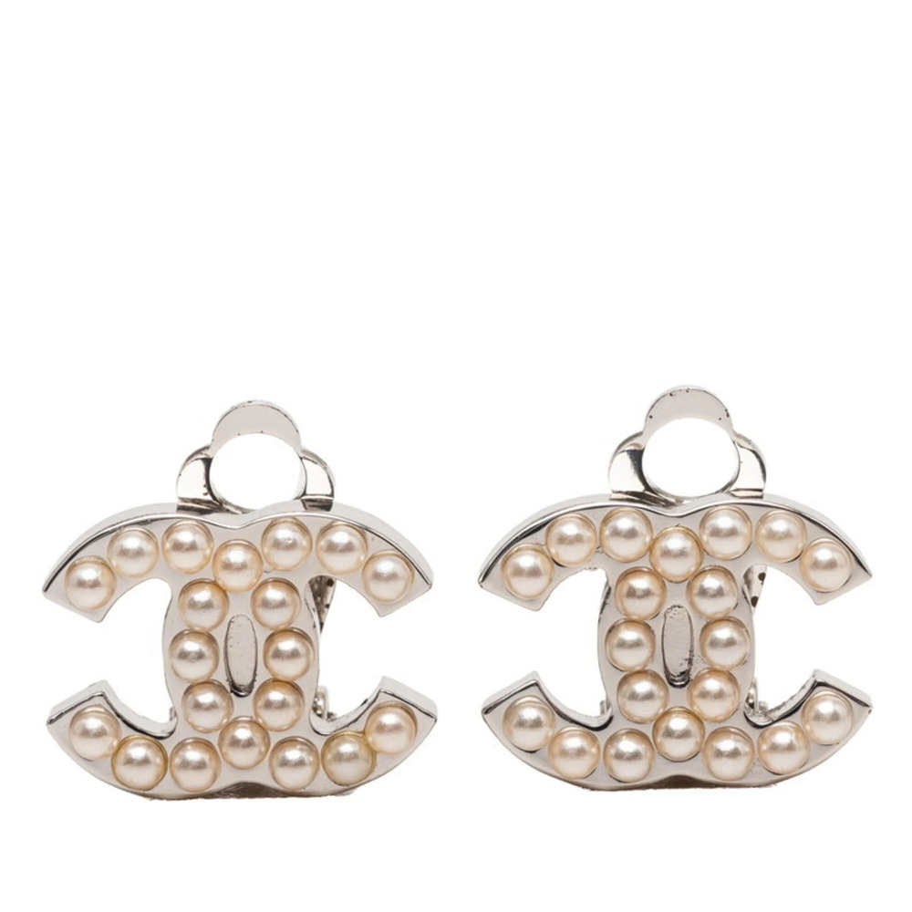 CHANEL Silver Pearl Logo Earrings